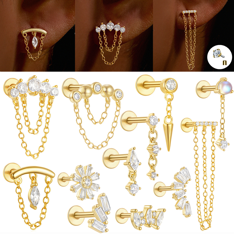 Body Jewelry Internally Threaded - 1PCS Copper Chain Tragus Stud Earrings