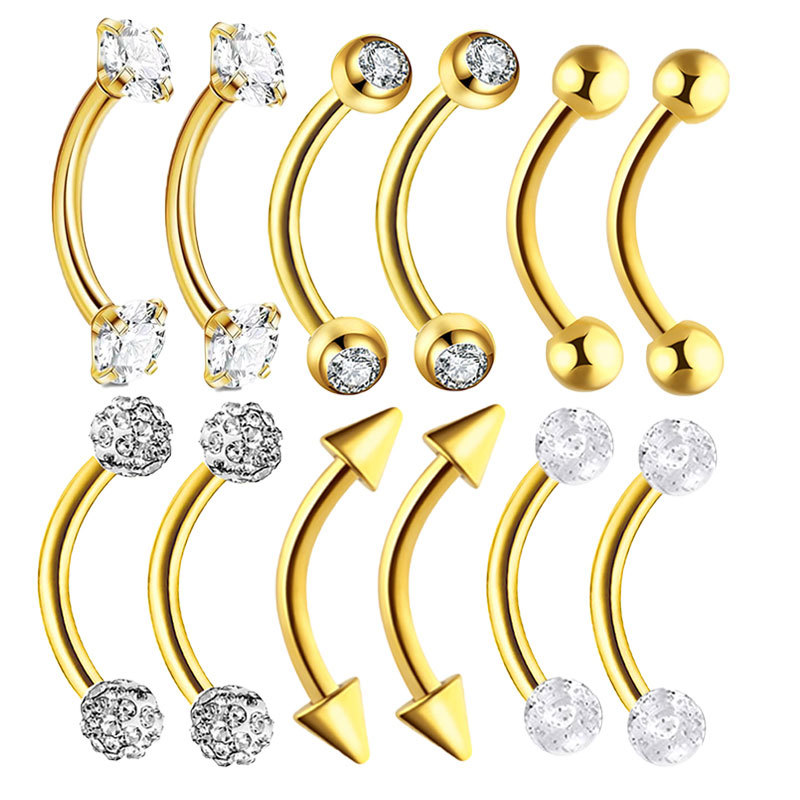 Eyebrow Curved Barbell - 12-piece Set Stainless Steel Pearl Zircon