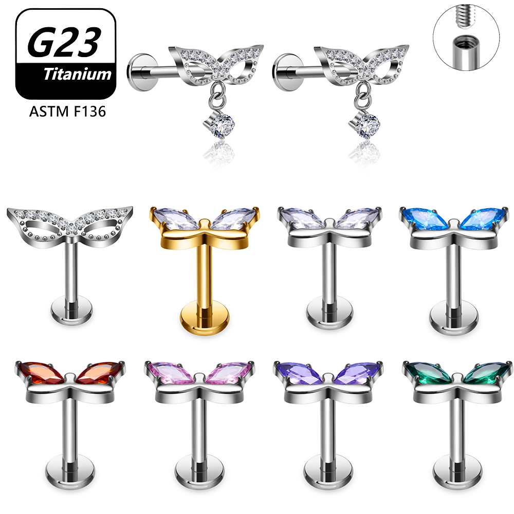 G23 Titanium Butterfly Tassel  - Body Jewelry Vertical Labret 评论和价格
