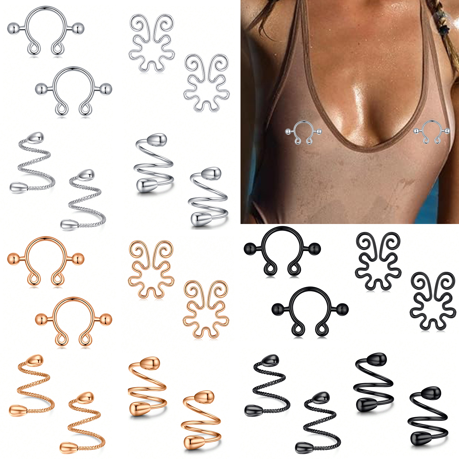 8Pcs Stainless Fake Nipple Rin - Body Jewelry Nipple Rings 评论和价格