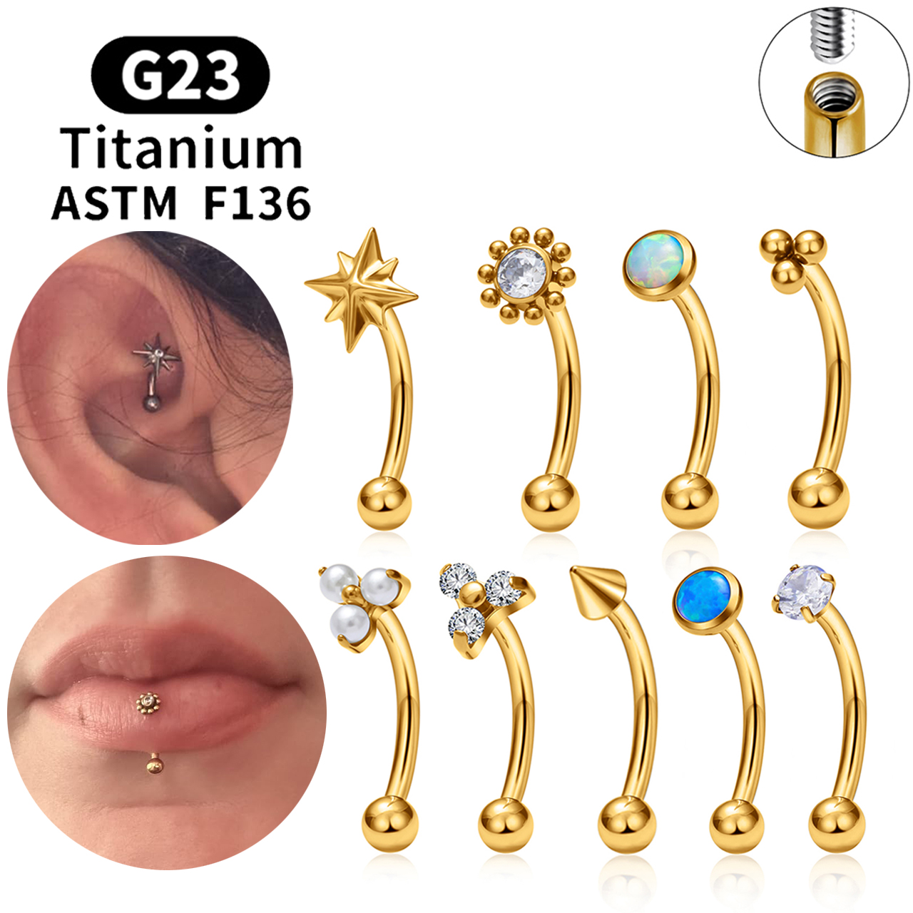 ASTM F136 Titanium Hexagram Ro - Eyebrow Curved Barbell 评论和价格